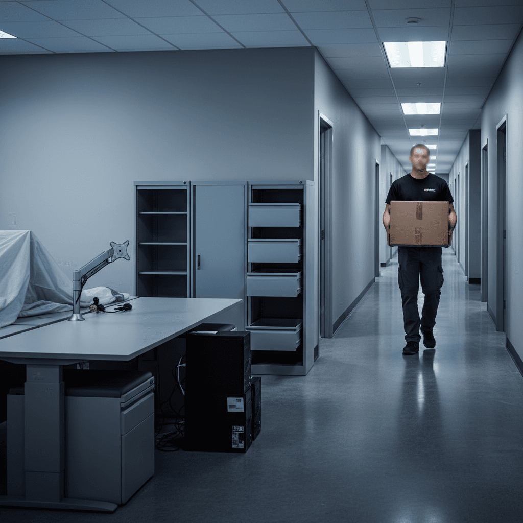 Commercial office cleanout with team removing equipment