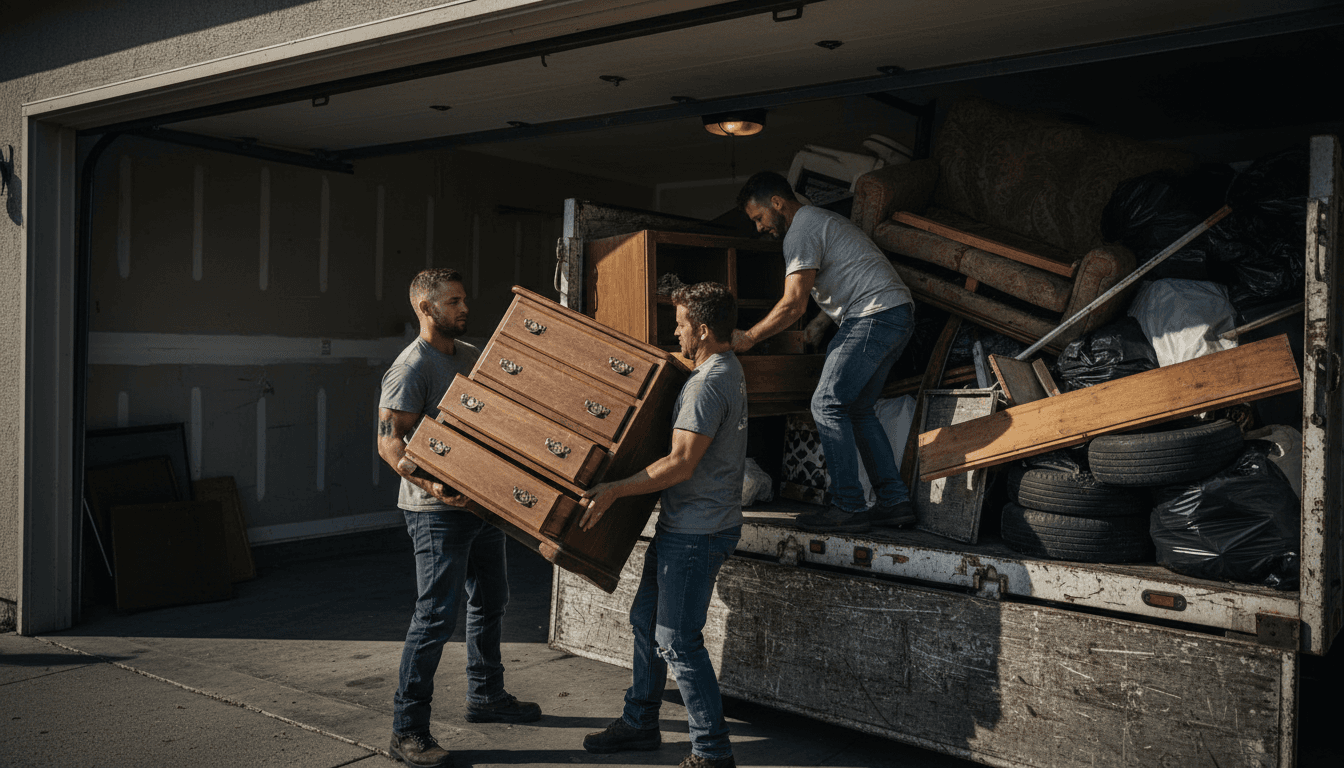 Junk removal team loading furniture and debris into truck