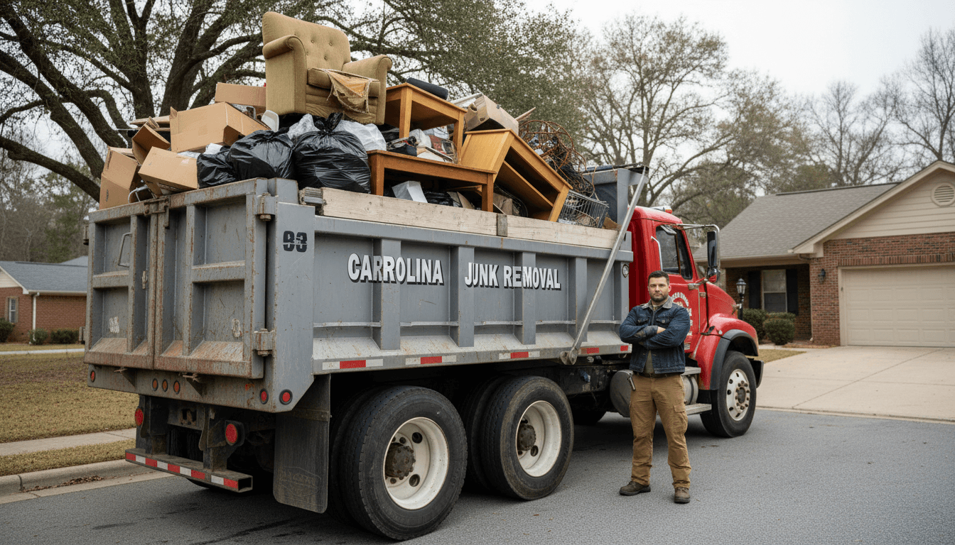 LED Junk Removal truck loaded with household items ready for disposal