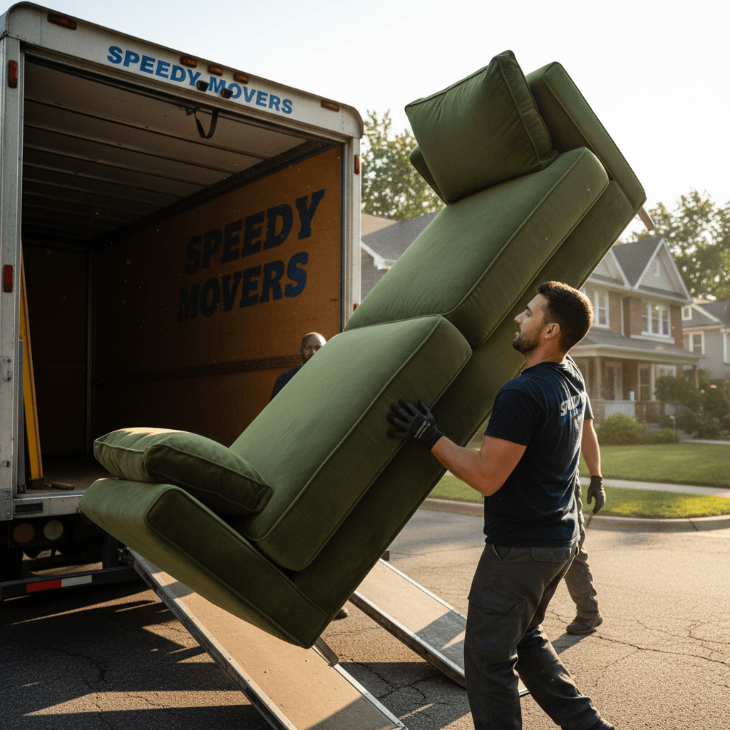 Team member removing large furniture piece into truck