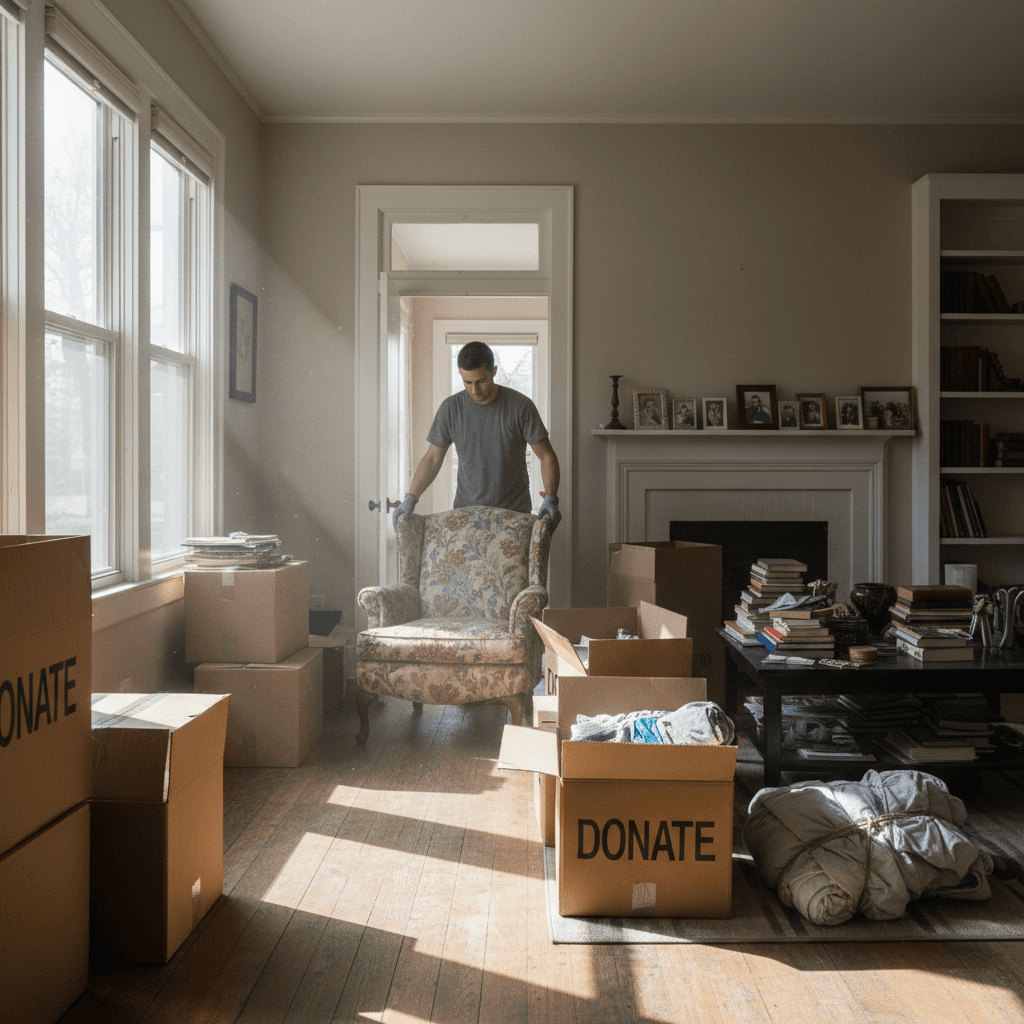 Residential cleanout with team member removing furniture