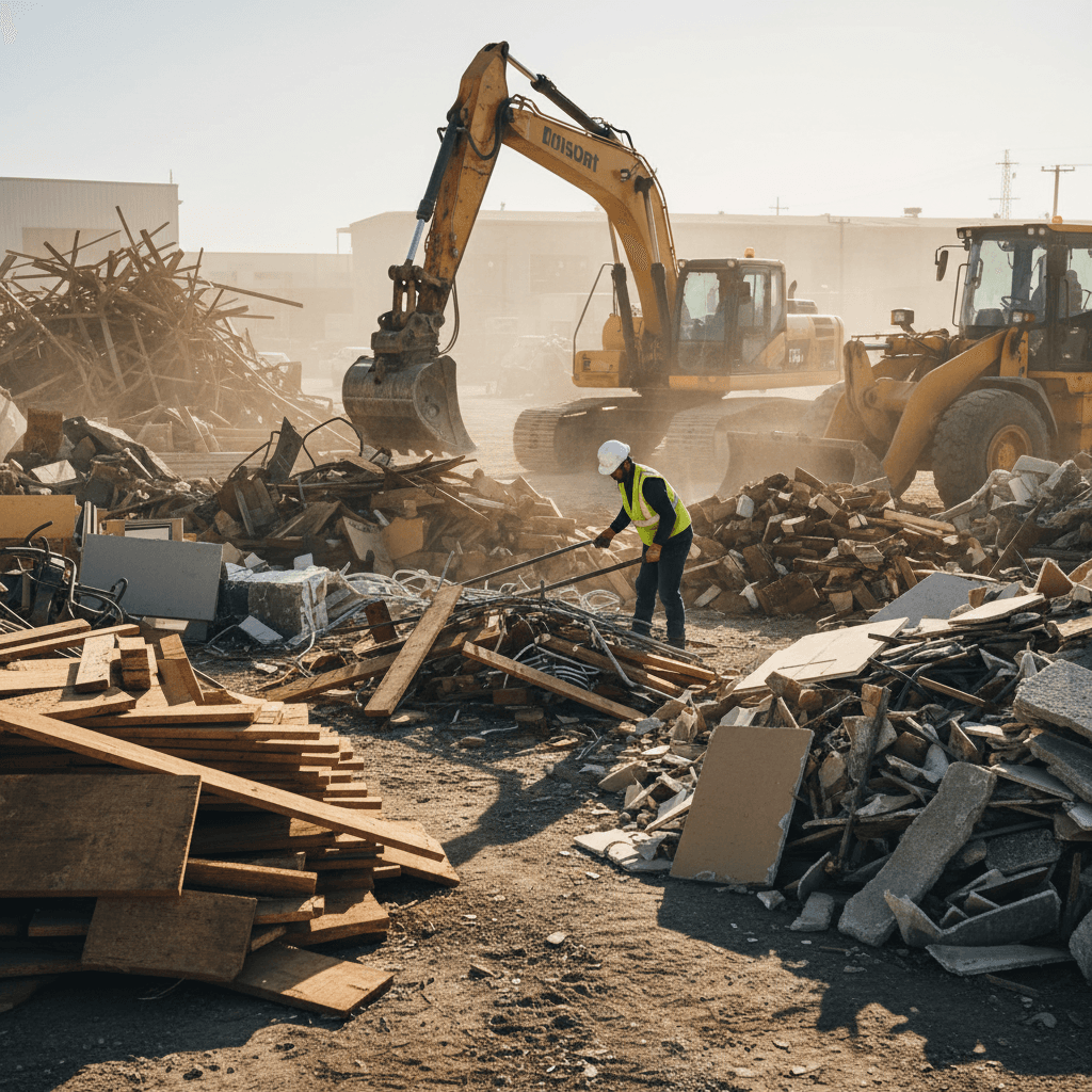 Construction site cleanup with debris removal in progress