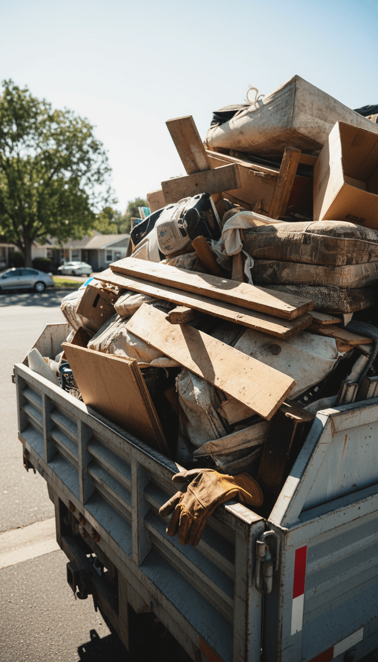 LED Junk Removal truck loaded with various items ready for disposal and recycling